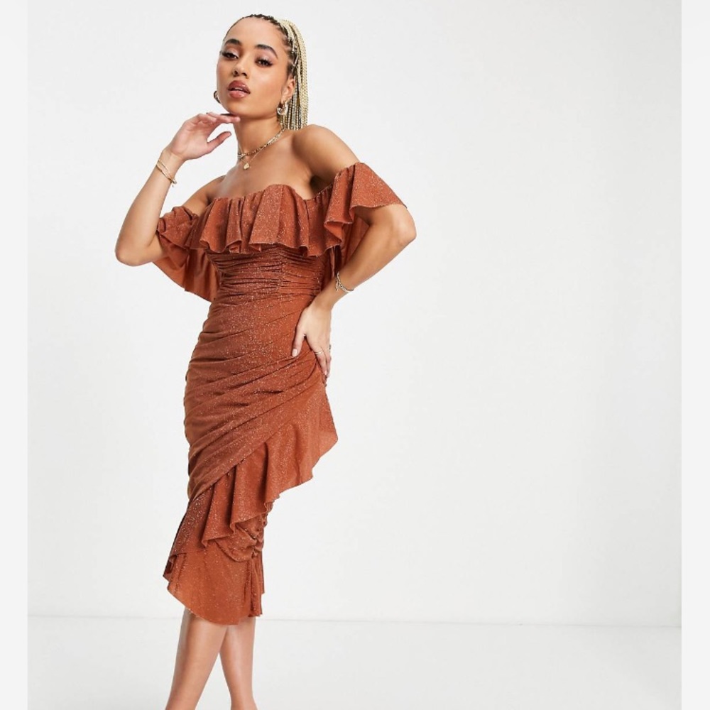 Rare London / ASOS off shoulder ruffle draped mesh midi dress bronze 4